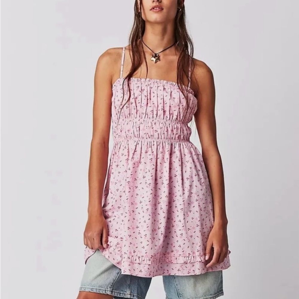 Free People Gabby Mini Dress Pink/Rose Cherry Print Lace Up Back size small - Picture 2 of 6